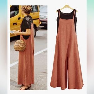 YESNO Casual Long Bib Pants Wide Leg Jumpsuit Cotton Rompers Overalls w/ Pockets